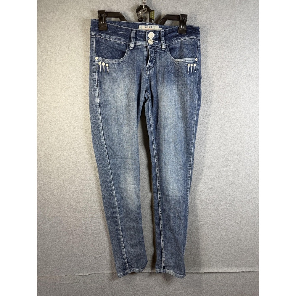 Bella Jeans Girls 7 Blue Chevron Embroidered Pockets Slim Fit Stretch Denim